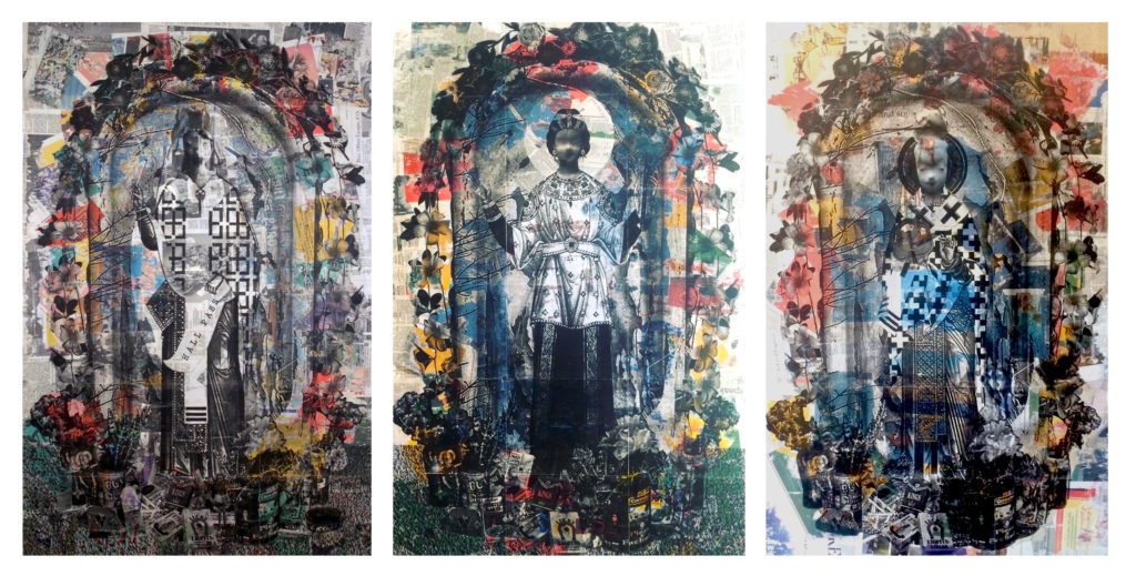 mixed media triptych series Bathtub Saint Triptych